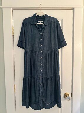 Chico's Dark Wash Chambray Denim Tiered Dress Eyelet & Pockets! ~ Size 2.5 (14)